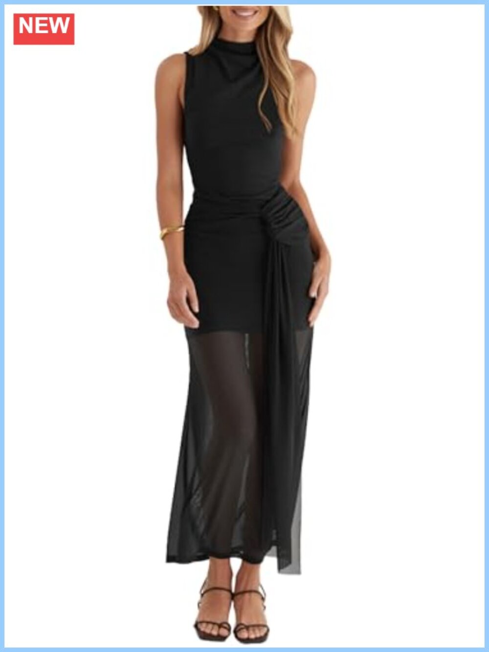 Sleeveless Mock Neck Ruched Mesh Bodycon Maxi Dress Formal Wedding Guest